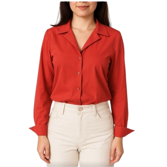 Vtg Talbots Red Shirt Fitted Button Down Tunic Cotton Notched Collar Sz 12 - Picture 1 of 8